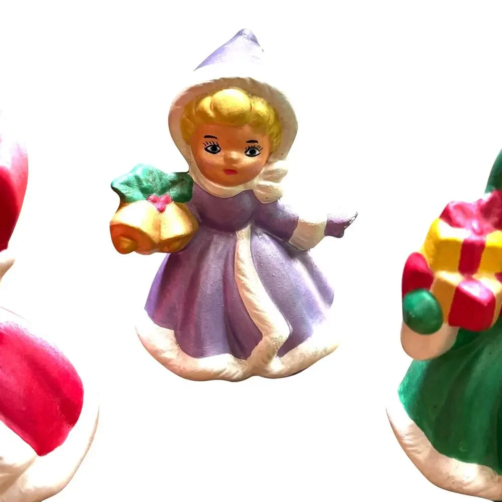 Vintage Christmas Girls Trio of ceramic holiday figures signed red green purple